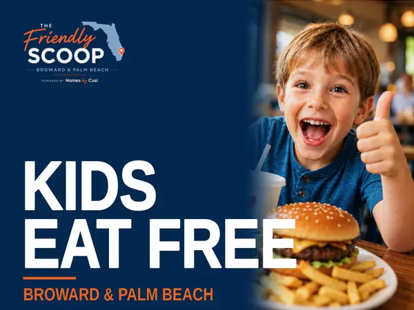 Kids Eat Free in South Florida cover: smiling boy giving a thumbs up beside a burger and fries